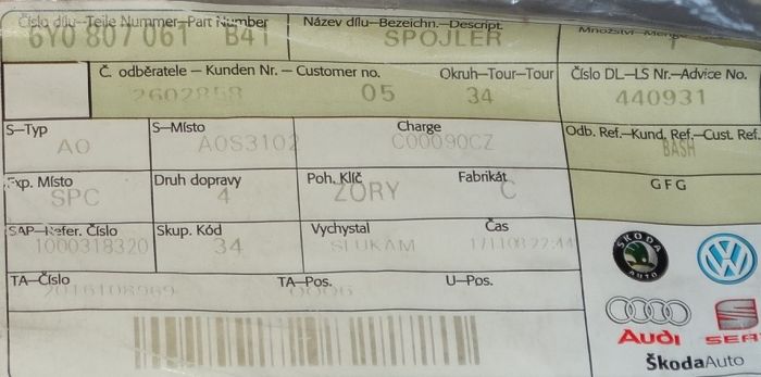 6Y0807061 B41 Spojler předního nárazníku.